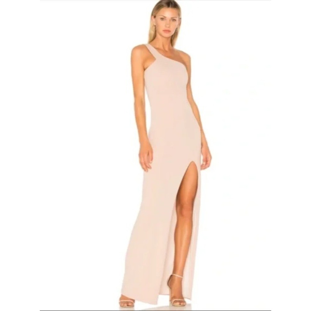 Nookie Mila Gown Womens Size M One Shoulder Maxi Dress Beige High Slit Formal